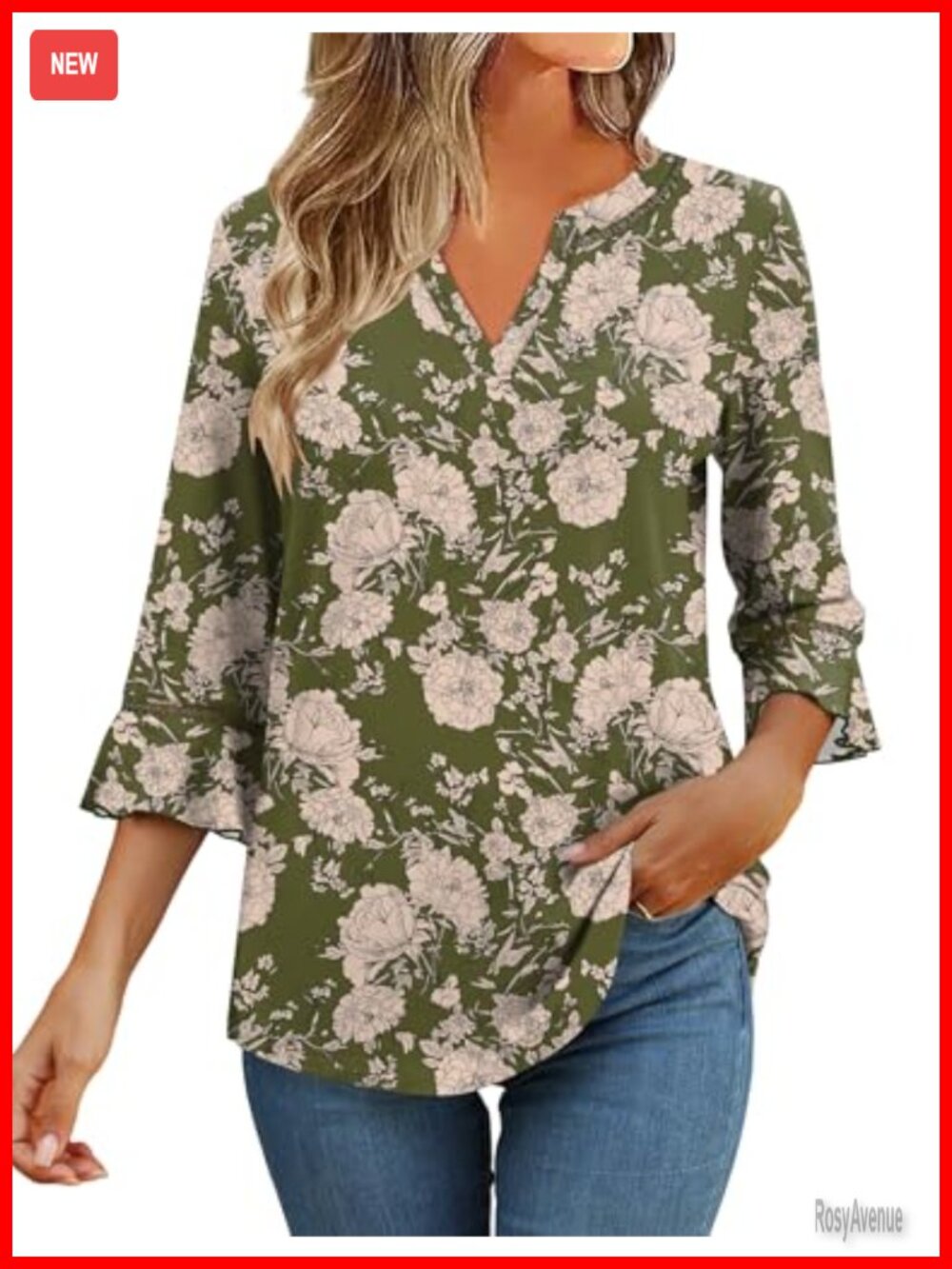 Women's 3/4 Sleeve Ruffle Blouse V-Neck Lace Tunic Summer Top